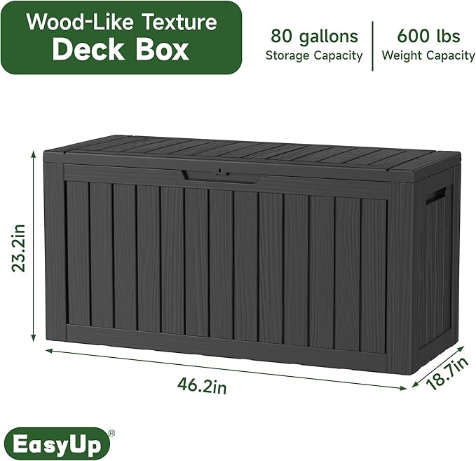 80 Gallon Outdoor Storage Box Waterproof, UV Resistant Resin Deck Box with Hydraulic Rod, Reinforced Stability for Patio, Garden, Striped Black