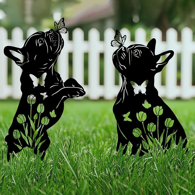 Metal Dog Garden Decor for Outside, French Bulldog Gift for Dog Lovers, Rust Proof Metal Black Silhouette Decorative Garden Stakes for Yard, Patio, Lawn Decorations, Outdoor Decor Yard Art