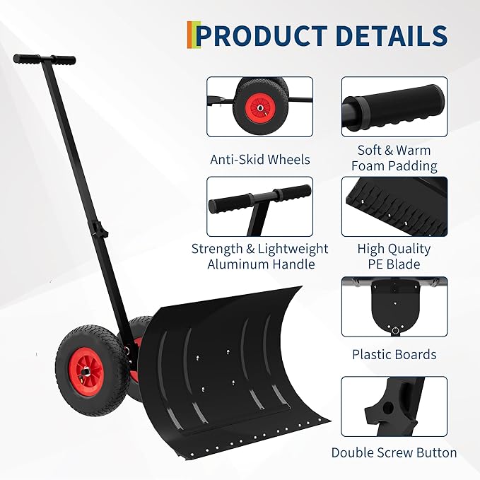 18" H X 30" W Metal Snow Pusher with Wheels, Adjustable Angle & Height Handle for Effortless Snow Removal | Ergonomic Double-Rod Design for Driveway & Sidewalk