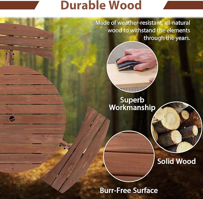 6-Person Outdoor Circular Wooden Picnic Table with 3 Built-in Benches Camping Dining Table for Garden Patio Backyard,Brown