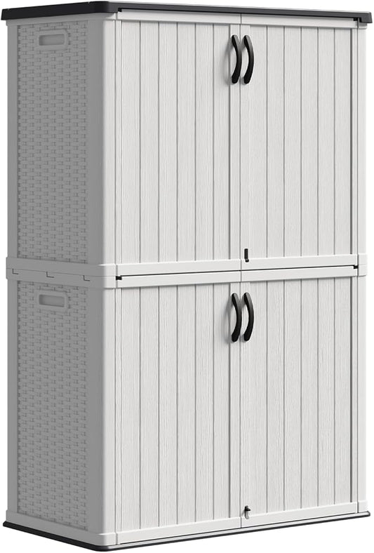 Patiowell 50 cu.ft Plastic Outdoor Storage Shed, Lockable Waterproof Resin Storage Cabinet Vertical Storage Shed for Garden Tools, Garbage Cans, Pool Supplies, White(Not Include Shelves)