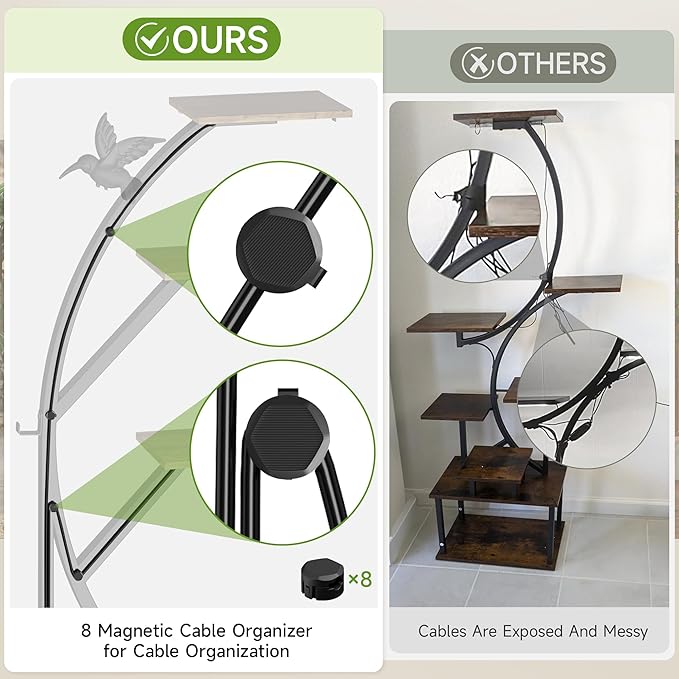 Plant Stand Indoor with Grow Lights, 62" Metal Plant Stand for Indoor Plants, 6 Tiered Tall Plant Shelf with Magnetic Cable Organizers and Decorative Bird, 2 Pcs Plant Holder for Patio, Living Room