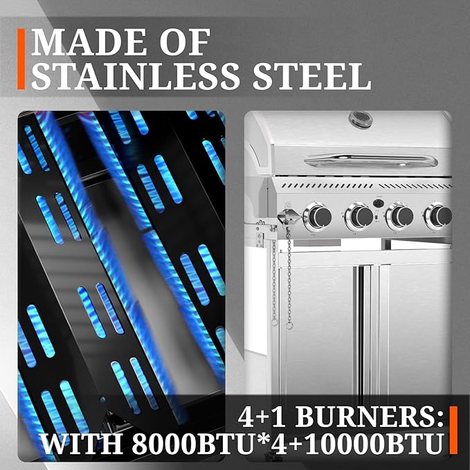 R.W. FLAME Propane Gas Grill Barbecue Grill, 4 Wheels, 4 Burner Cart Style Liquid BBQ Grill, Metal Cooking Grill