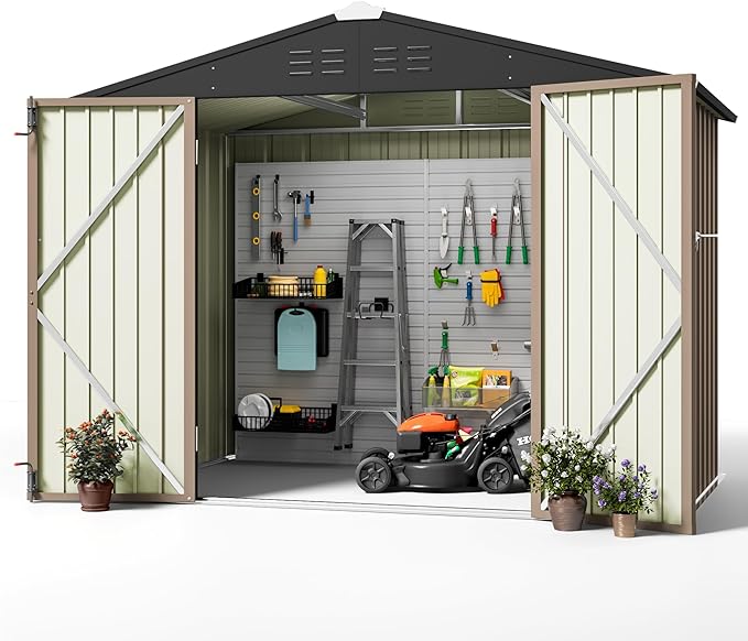 Greesum Outdoor Storage Shed 6 x 8 ft. Utility Tool Shed Metal Storage Garden Shed with Door & Lock for Patio Storage, Brown