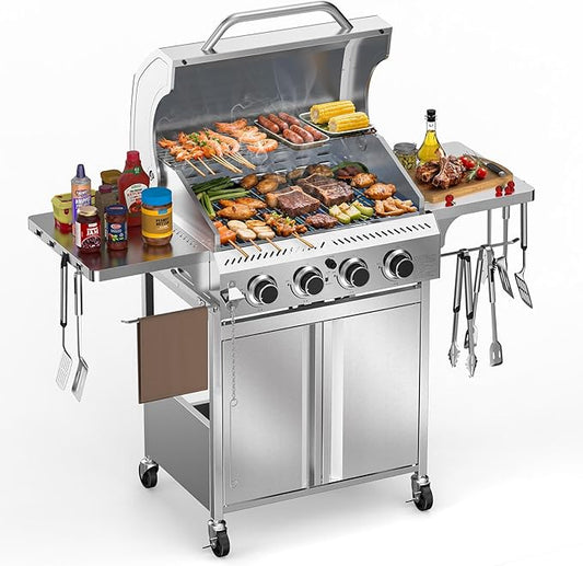 4-Burner Gas Grill,Propane Grill with Folding Side Shelf,Heavy-Duty Thickened Stainless Steel Grill,32,000 BTU BBQ Grill for Outdoor Cooking,Barbecue,Garden and Patio Backyard