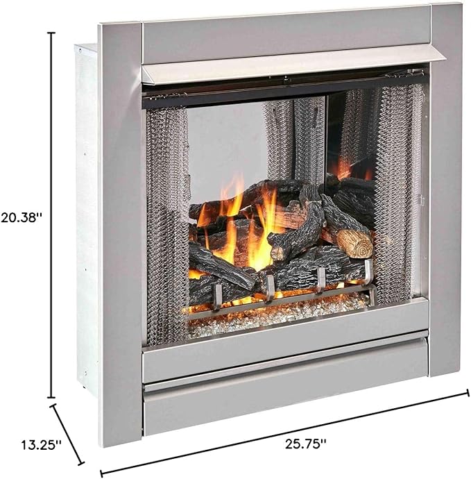 Duluth Forge 24,000 BTU Vent Free Stainless Steel Outdoor Gas Fireplace Insert with Fire Glass Media and Log Set, Manual Control, Natural Gas, Assembled in The USA