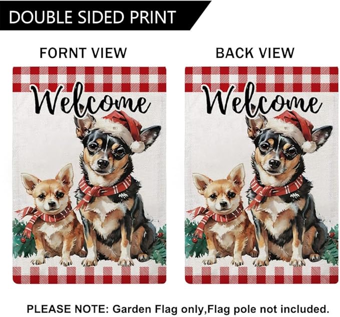 Christmas Dogs Garden Flag with Santa’s Hat Design Double Sided Farmhouse Welcome Decorative Small Burlap Flags 12.5 x 18 Inch for Winter Holiday Christmas Season Decor (Red)