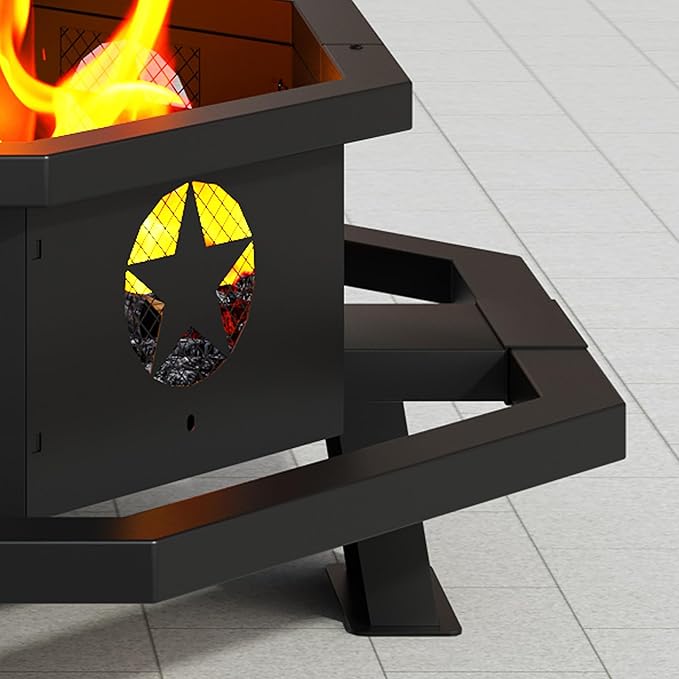 43 inch fire Pit for Outside Wood Burning, Outdoor Octagonal Fire Pit with Poker, Large Firepit for Camping, Backyard, Patio, Black