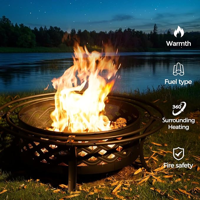42 Inch Outdoor Fire Pit with 2 Loops,Crossweave Wood Burning Fire Pits for Outside,with Spark Screen,Fire Poker,Round Metal Firepit for Patio,Backyard,Beach,Camping,Bonfire(42''Black)