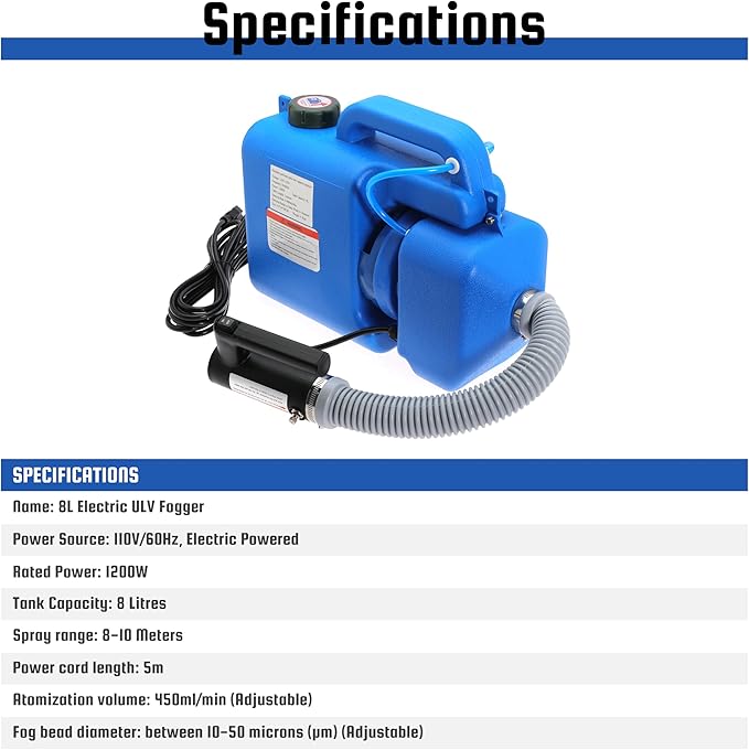 8L (2 Gallon) Electric ULV Fogger Machine, Portable Fogger Sprayer Machine Electric Atomizer Ultra Low Volume Sprayer for Home Indoor and Outdoor Cleaning Spraying Use