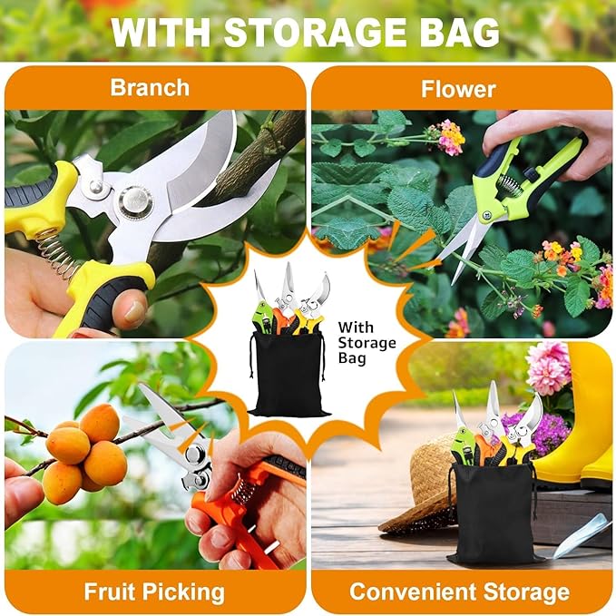 3 Pack Garden Pruning Shears, Stainless Steel Gardening Scissors Set with Storage Bag - Sharp Handheld Pruners for Plants, Flowers, Branches - Ergonomic Garden Clippers & Tools