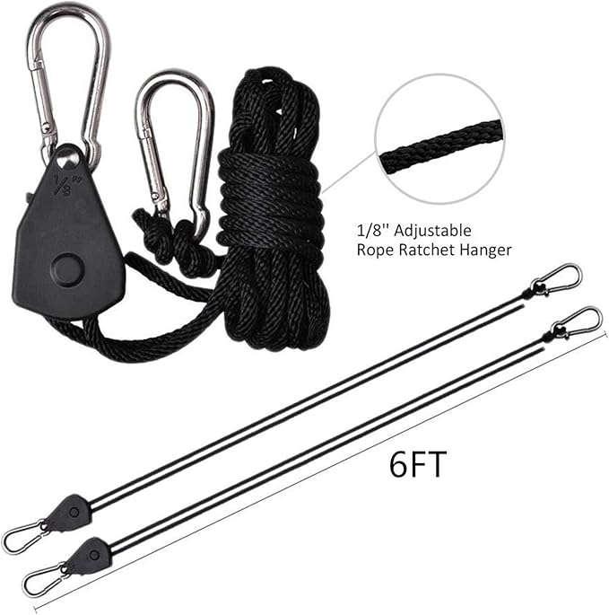 Grow Light Rope Hanger 2Pairs， Adjustable Rope Ratchet Hangers 150 Lbs per Pair with Stainless Steel 2.5" S Hook
