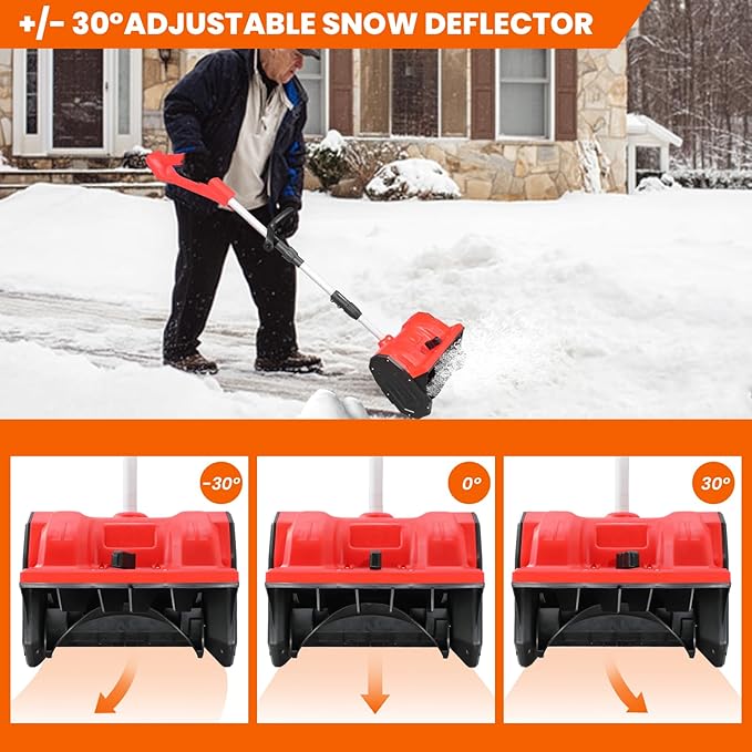 13" Cordless Snow Shovel, 2X 48V 600W Motor 4-Ah Battery Powered Snow Blower 8" Depth Electric Snow Shovel with Directional Plate Adjustable Front Handle (4-Ah Battery & Quick Charger Included) Red