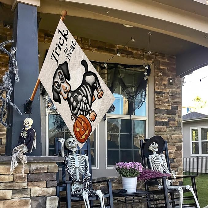 Halloween Trick or Treat House Flag Ghost Dog 28x40 Inch Large Double Sided Burlap Welcome Yard Dachshund Skeleton Outside Decorations DF342-28