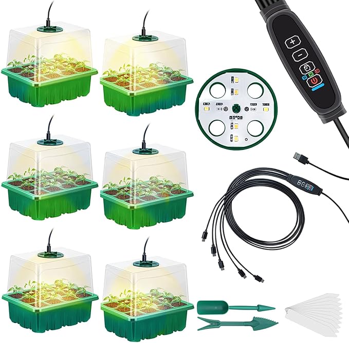 Seedling Starter Tray 6 Packs Seed Starter Tray with Grow Light, Smart Controller Seed Starting Trays Kit with Humidity Dome (72 Cells) Indoor Gardening Plant Germination Trays Green