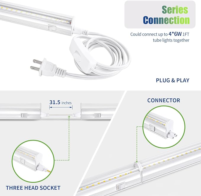 Grow Lights for Indoor Plants, 5000K White Full Spectrum LED Growing Lamp, 1FT T5 Plant Growing Light Strips for Greenhouse Seed Starting, Vegetables, Plug and Use, 4-Pack