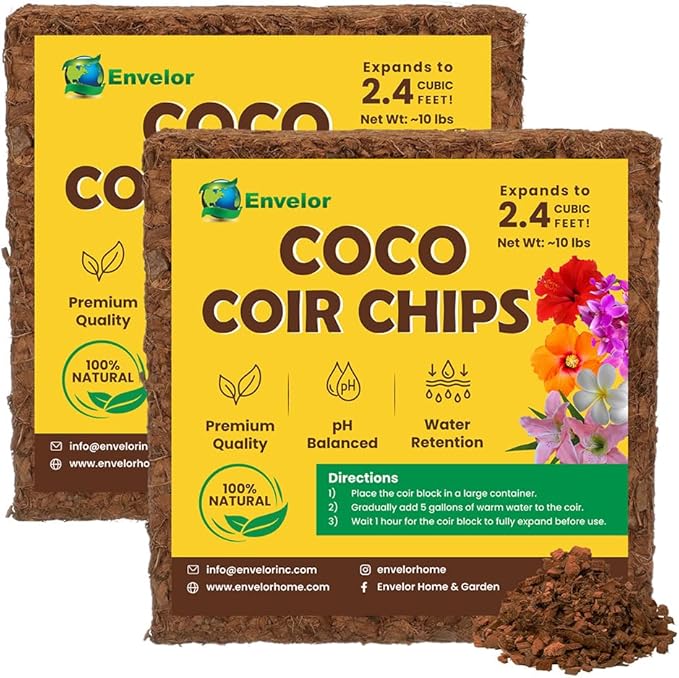 Coco Coir Husk Chips 2-Pack – 2.4 Cu. Ft. Compressed Coconut Coir Bricks, 10 lb. Natural Substrate for Indoor & Outdoor Use, Orchid Bark Alternative, Orchid Potting Mix, Indoor Plant Soil