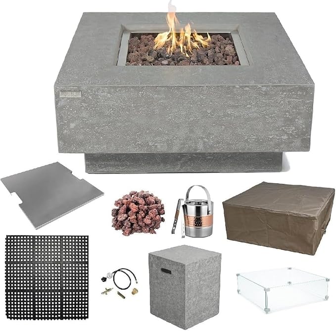 Elementi Manhattan Gas Fire Pit Bundle Concrete Fire Table, Outdoor Fire Pit Electronic Ignition | Canvas Cover, Lava Rock Included | Free AMS Wind Guard | Light Gray (Propane Gas)