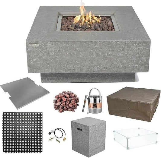 Elementi Manhattan Gas Fire Pit Bundle Concrete Fire Table, Outdoor Fire Pit Electronic Ignition | Canvas Cover, Lava Rock Included | Free AMS Wind Guard | Light Gray (Propane Gas)