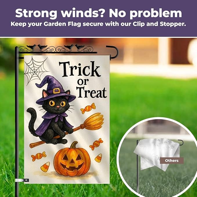 Halloween Garden Flag 12x18 – Trick or Treat Black Cat & Pumpkin with Broom Stick & Spiderweb – Double Sided Burlap Halloween Flags for Outside, Fits Garden Flag Poles
