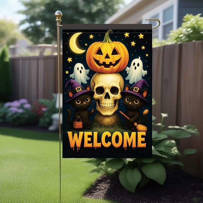 Halloween Garden Flag Pumpkin Skull Witch Hat Ghost Flag 12x18 Inch Double Sided Outdoor Yard Banner for Trick or Treat Haunted House Spooky Halloween Decoration Decor