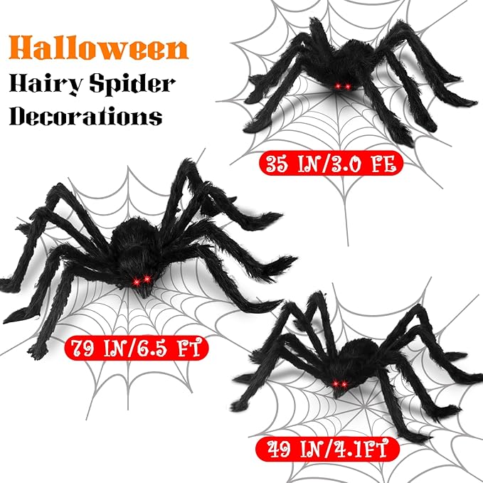 Halloween Giant Spider Decorations: 35/49/79 Inches Large Fake Scary Hairy - 3PCS Huge Plush Toy Props for Indoor Outdoor Creepy Lawn Garden Decor Black