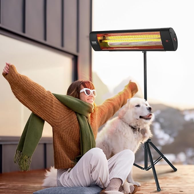 VEVOR Infrared Heater, 1500W Remote Control Electric Space Heater, LED Screen Patio Heater w/ 3 Speeds & Timer, Outdoor/Outdoor for Porch,Dining Room,Studio, with Stand & Mount to Ceiling/Wall,34in L