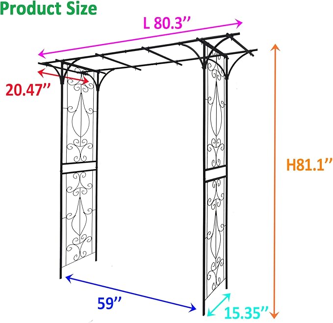 Metal Garden Arch, Garden Arch Trellis for Climbing Plants Outdoor, Garden Arbor for Weddings Party Events Decoration, 80" L X 20.5" W X 81" H, Black