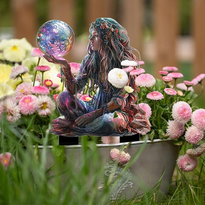 Fairy Garden Stake Decor, 2D Flat Acrylic Fairy Garden Decor Panel, Elf Yard Sign for Outdoor Indoor Yard Lawn Plants Pots, Fairy Garden Accessories (Maiden with Magic Ball)
