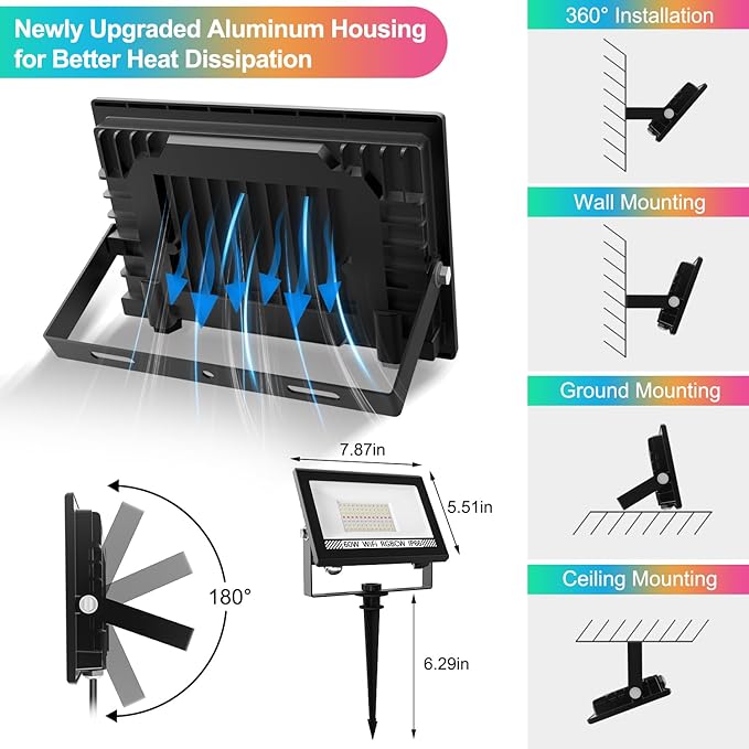 T-SUN LED Flood Lights Outdoor 60W, 600W Equivalent 6000LM Color Changing Landscape Light with APP Control, Waterproof Floodlights with 2700K & 16 Million Colors, Timing, Music Sync, US Plug(4Pack)