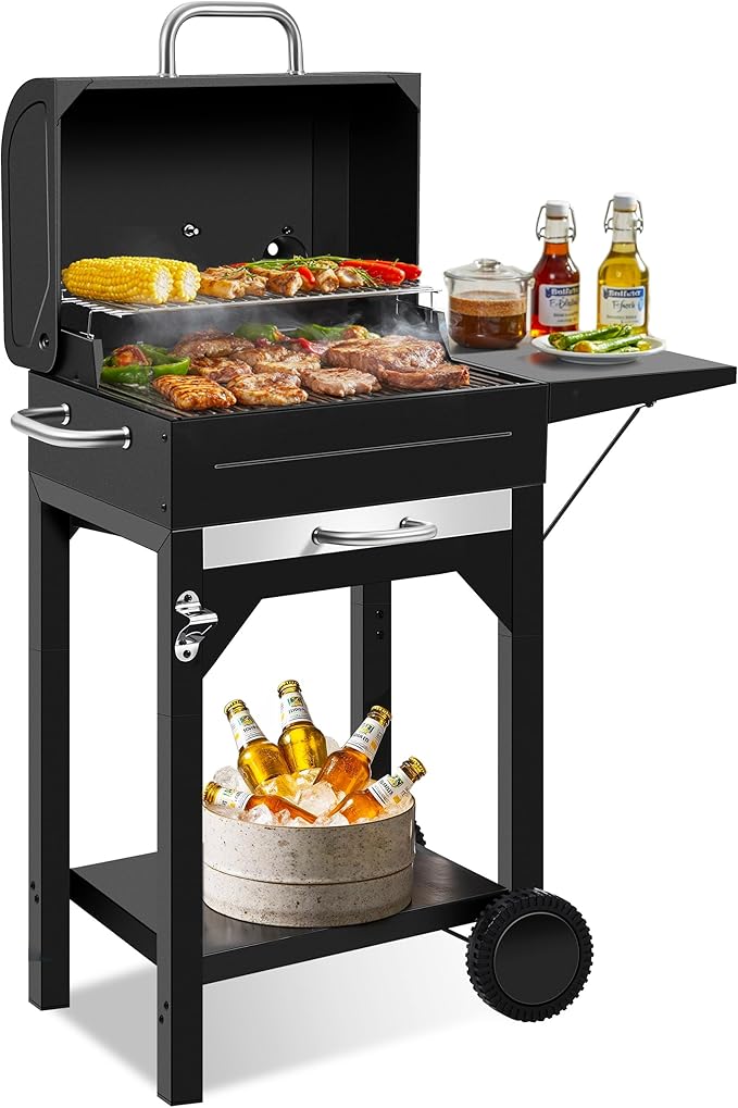 Charcoal Grill, Outdoor BBQ Grill with Side Table and Grease Tray, Double Layer Heavy-duty Steel Smoker Grill with Thermometer and Wheels for Outdoor Picnic, Patio, Backyard, Camping Cooking, Black