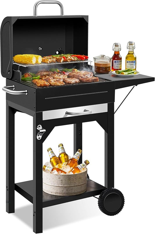 Charcoal Grill, Outdoor BBQ Grill with Side Table and Grease Tray, Double Layer Heavy-duty Steel Smoker Grill with Thermometer and Wheels for Outdoor Picnic, Patio, Backyard, Camping Cooking, Black