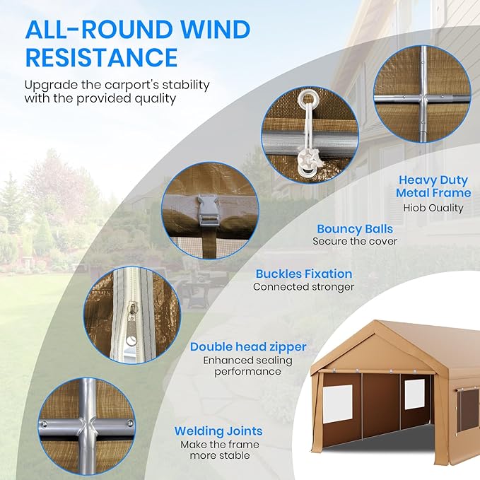 Carport 10x20 Heavy Duty Portable Garage,Carport Canopy with Roll-Up Windows & Doors,Portable Garage and Shelter with Removable Sidewalls,Car Tent Garage with All-Season Tarp for Lawnmower Bike Truck