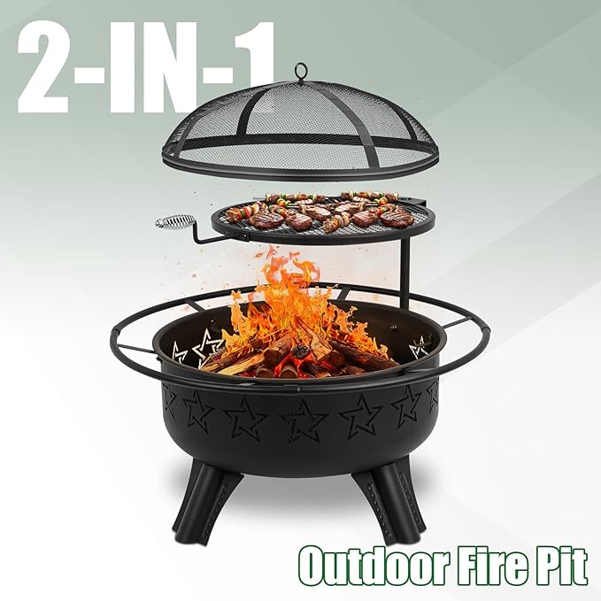 31" 2-in-1 Wood Burning Fire Pit with Swivel BBQ Grills & Spark Screen for Outside - Heavy Duty Outdoor Firepit with Charcoal Pan, Log Rack & Poker - for Backyard, Patio, Garden Bonfire