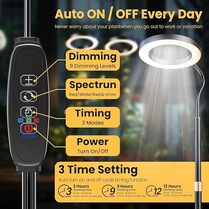 Grow Light, Plant Light for Indoor Plants 2 Pack, Full Spectrum Desk Grow Lamp with Pedestal, Automatic Timer for 3H/9H/12H, 10 Dimmable Levels, Height Adjustable