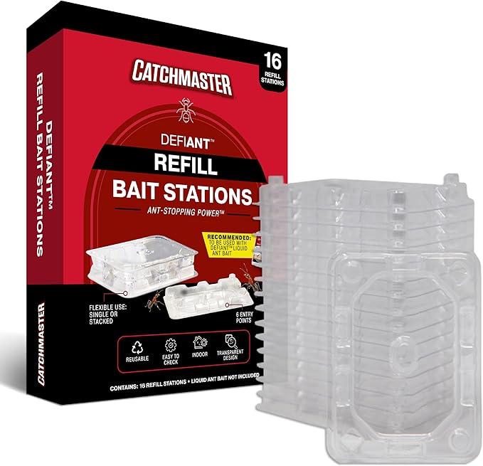 Catchmaster DEFIANT Reusable Ant Traps Indoor Refill (16 Pack) – Effective Liquid Ant Killer – Bait NOT Included – Stackable, Multi-Surface, No Mess, Discreet Bait Stations for Pest Control