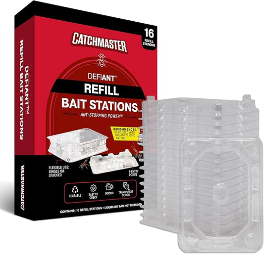 Catchmaster DEFIANT Reusable Ant Traps Indoor Refill (16 Pack) – Effective Liquid Ant Killer – Bait NOT Included – Stackable, Multi-Surface, No Mess, Discreet Bait Stations for Pest Control