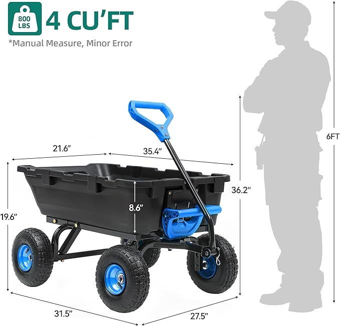 800lb Garden Dump Cart, Heavy Duty Wheelbarrow Dump Wagon with 4 Wheels&Quick-Release Dumping, Utility Wagon Carts for Yard, Farm and Garden(Blue)