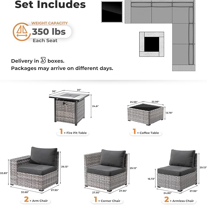 ovios 7 Pieces Patio Furniture Set, Outdoor Wicker Sectional Sofa with 30 Inch Fire Pit Table Comfy Cushions, Modern Modular Deep Seat Rattan Couch Conversation Set, Black