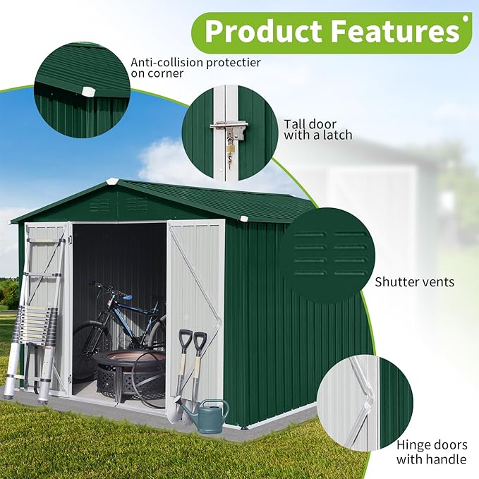 8x10FT Heavy-Duty Metal Storage Shed with Apex Roof, Outdoor Garden Shed with Hinged Door, Steel Vents & Free Padlock, Weatherproof Tool Shed for Backyard, Lawn Equipment & Bike Storage