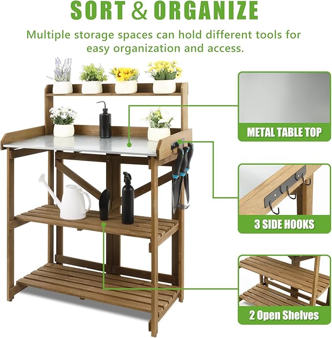 Folding Garden Potting Bench Table，Outdoor Wooden Work Station W/Metal Table Top,2 Tier Open Storage Rack,Top Shelf-Natural Stained