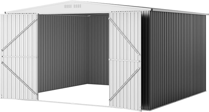 9x12 Shed for Outdoor Storage, Galvanized Steel Metal Tool Sheds House with Lockable Doors, Lock & Air Vent, Large Utility Sheds for Patio Garden Lawn (9x12.6, Grey)