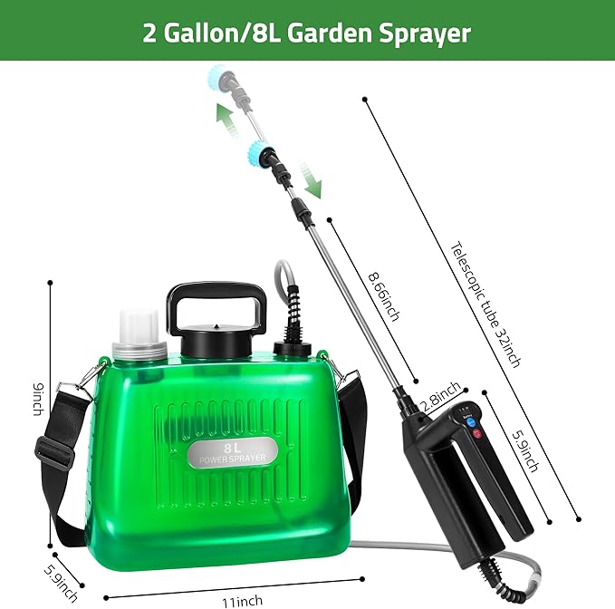 DOUBFIVSY Electric Garden Sprayer, 2 Gallon Battery Powered, 3 Adjustable Speeds, 4 Nozzles, 32" Retractable Wand, Green, ABS Handle, HDPE Water Can, Lawn & Garden