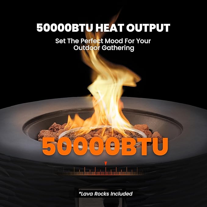 Round Fire Pits, 35 in Round Outdoor Propane Gas Fire Pit Table, 50000 BTU FirePit for Outside Patio with Rain Cover, Lava Rocks for Backyard & Deck, Black