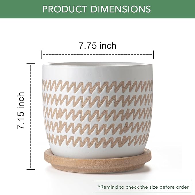 Ceramic Flower Pots Indoor-Outdoor: 7.75 Inch Large Planters with Drainage Holes & Saucer - Modern Decorative Plant Pots Ceramic for Home Gardeners (Wave)