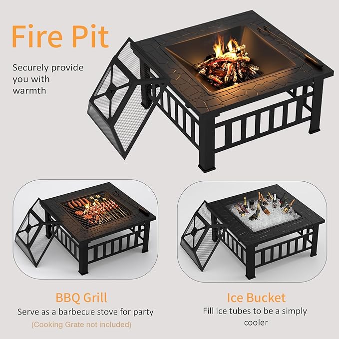 Flamaker Outdoor Fire Pit 32 Inch Patio Square Metal Firepit with Cover Poker & Grate Wood Burning Fireplace Backyard Stove for Outside Heating Camping