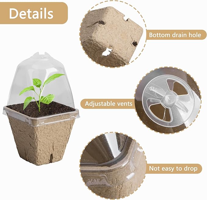 20 Pcs Biodegradable Nursery Pots with Humidity Dome- 2.3 Inch Square Seeding Starter Pots for Planting- Peat Pots for Seedlings Garden Vegetable Flower Germination