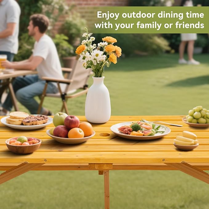 8-Person Wooden Picnic Table with 2 Built-In Benches, 75"L x 50"W Outdoor Dining Table, 2220lb Capacity Includes Umbrella Hole & Weather-Resistant Finish, Perfect for Backyard, Camping, Yellow