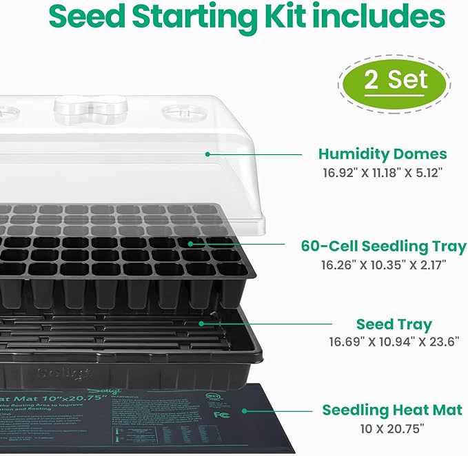 2 Set 60-Cell Seed Starter Kit - Strong Seed Trays with Humidity Domes, Cell Trays and Seedling Heat Mats - Cloning, Propagation and Germination Station