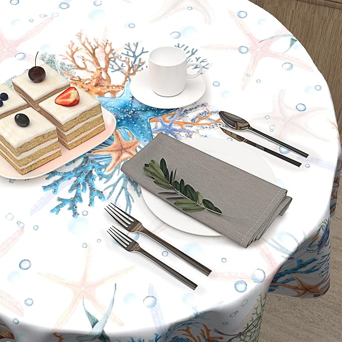 Giwawa Coral Starfishes Round Tablecloth 60 Inch, Nautical Ocean Coastal Animal Undersea Beach Marine Colorful Washable Table Cover for Home Kitchen Dining Party Indoor and Outdoor Decor